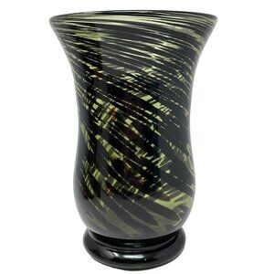 Pier 1 Black Green Swirl Blown Glass Candle Holder Hurricane Vase 9 Inch